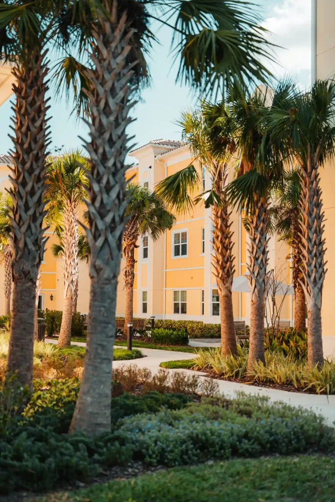 An empty pathway in the courtyard of Legacy Pointe at UCF