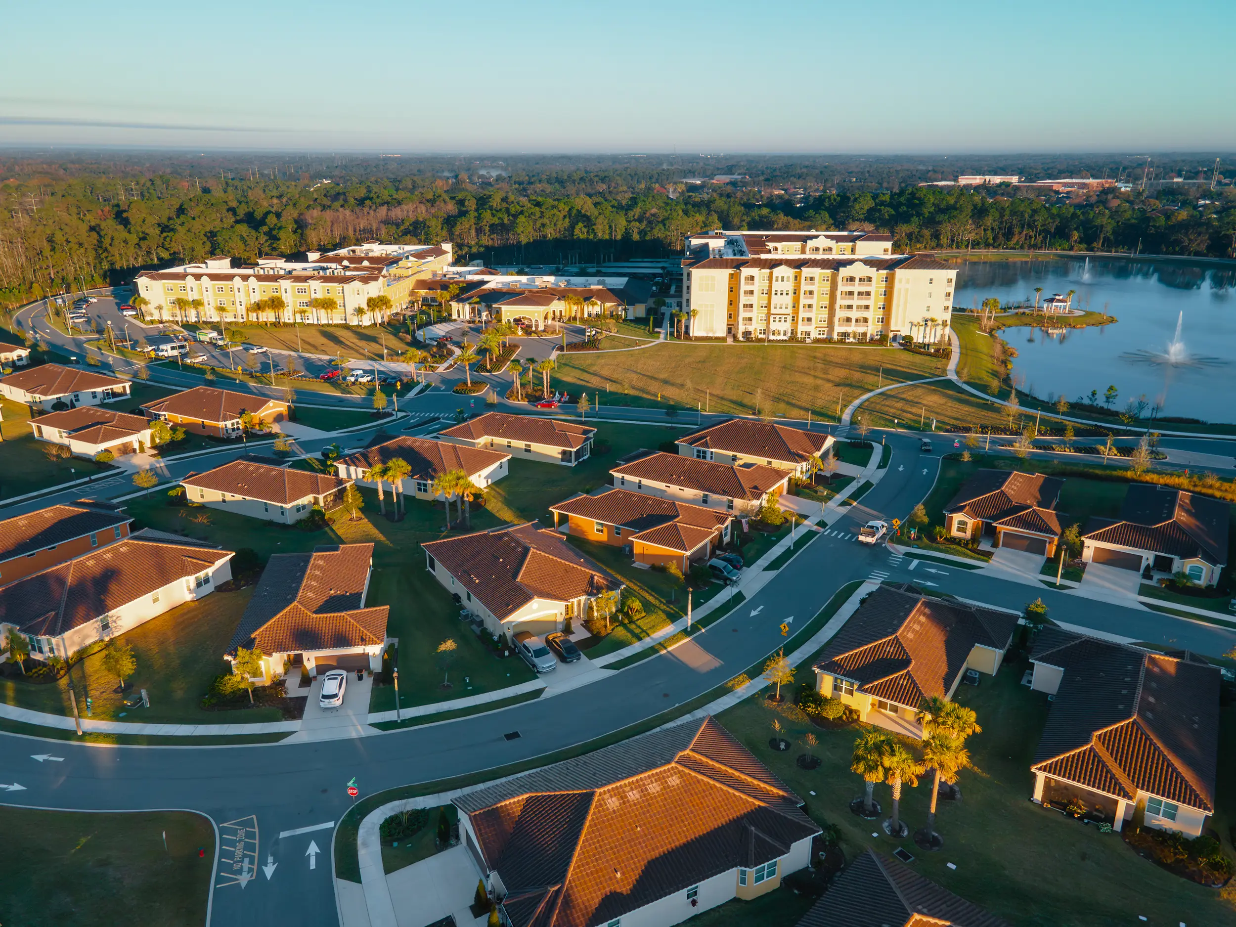 An aerial view of the homes in The Villas neighborhood of Legacy Pointe at UCF